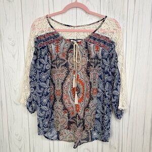 MISS ME Lace & Chiffon Bohemian Print Oversized Peasant Top, Small